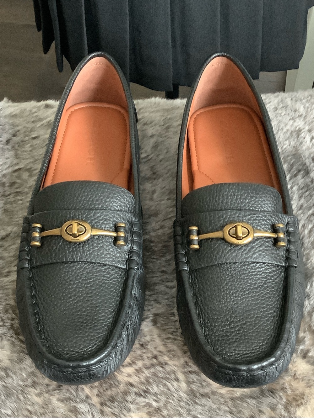 Women’s Coach Black Pebbled Leather Loafers with Gold Hardware